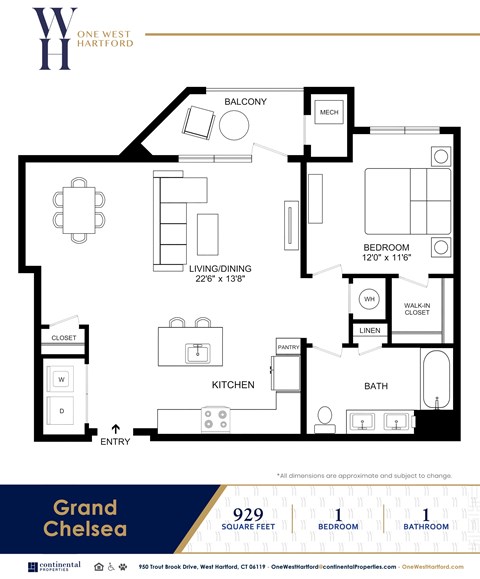 Floor plan for 1 bed, 1 bath, 929 sqft